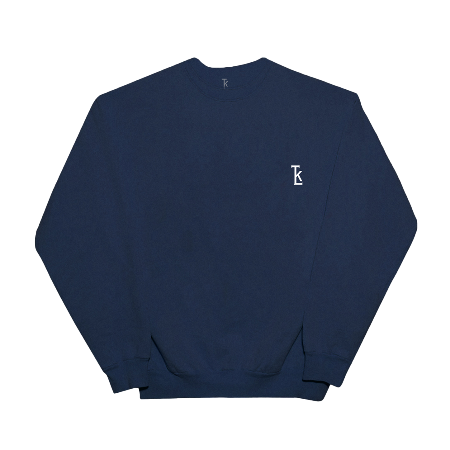 Front view of a navy unisex crewneck sweatshirt with a white TKL embroidery on the right chest
