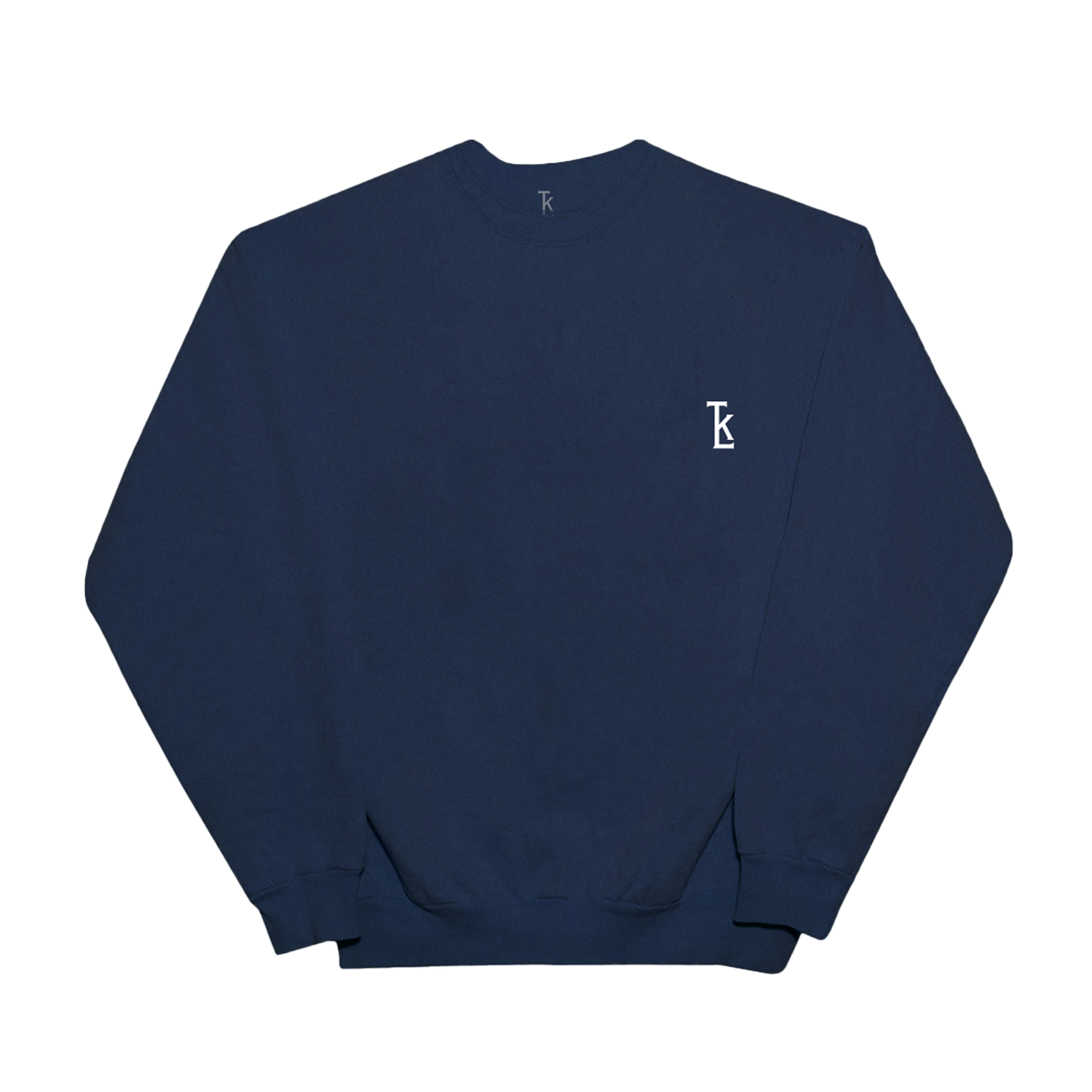 Front view of a navy unisex crewneck sweatshirt with a white TKL embroidery on the right chest