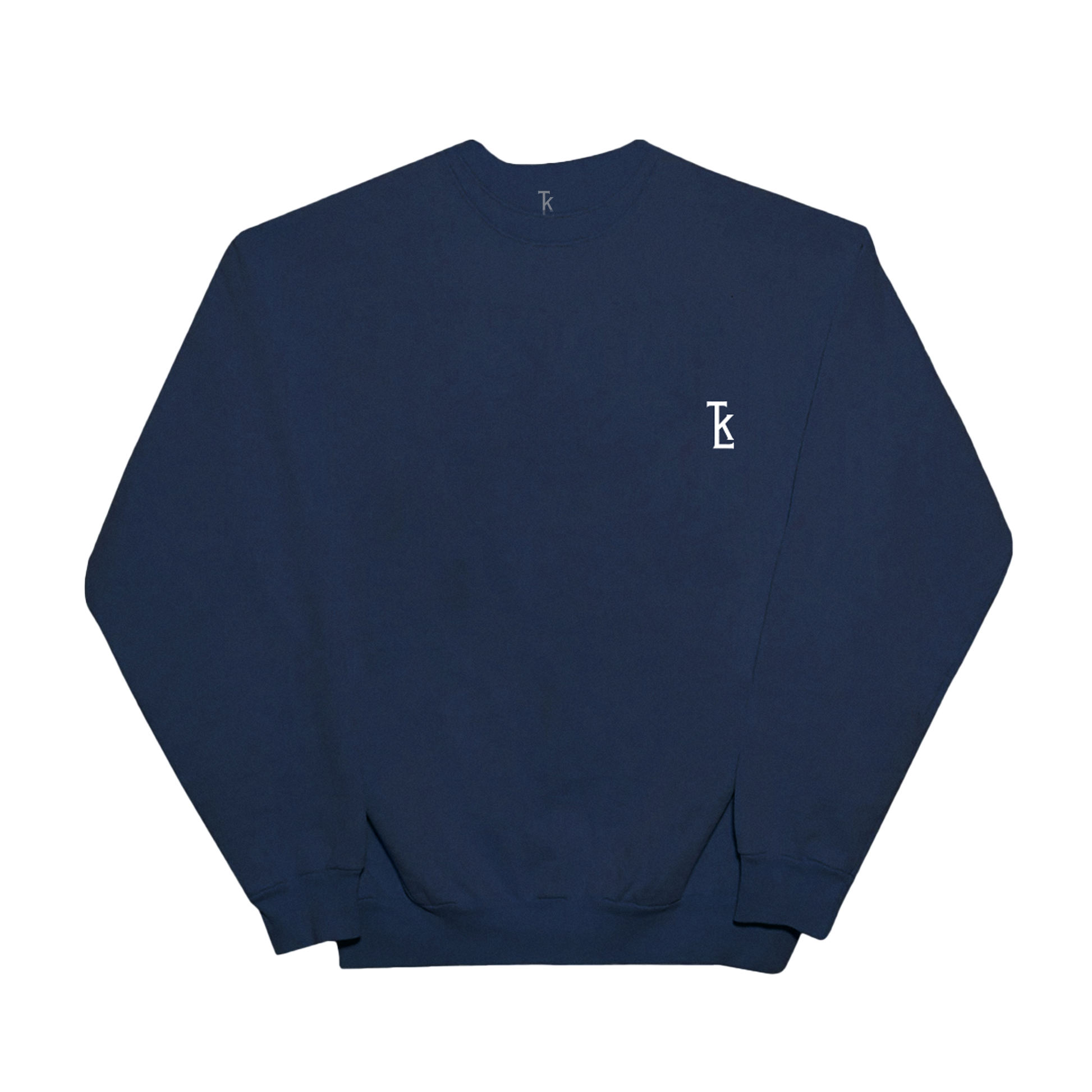 Front view of a navy unisex crewneck sweatshirt with a white TKL embroidery on the right chest