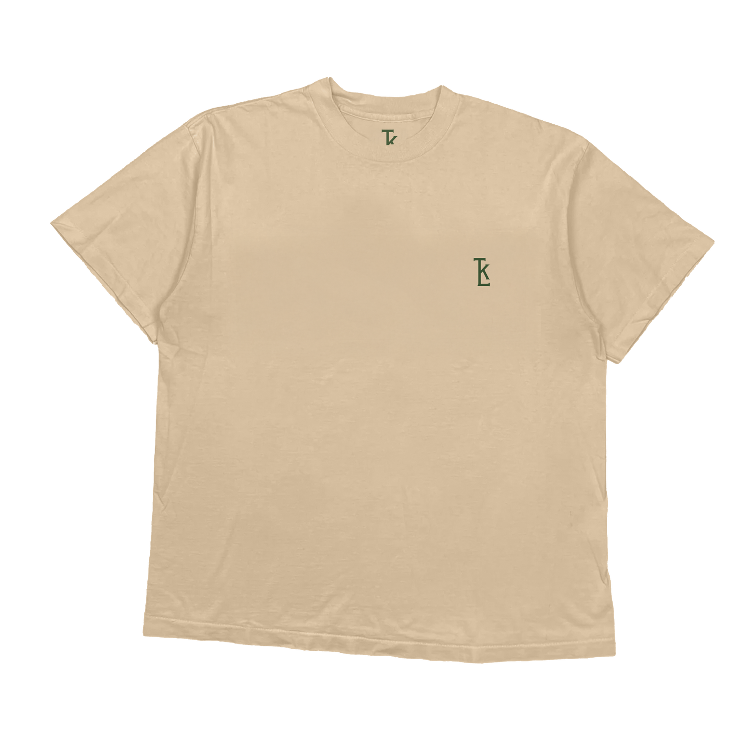 Front view of a beige short-sleeve unisex T-shirt with a small green 'TKL' embroidery on the right chest